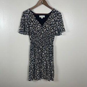 Idyllwind Women's S Mini Dress Black Floral Daisy Smocked Waist V-Neck Pockets